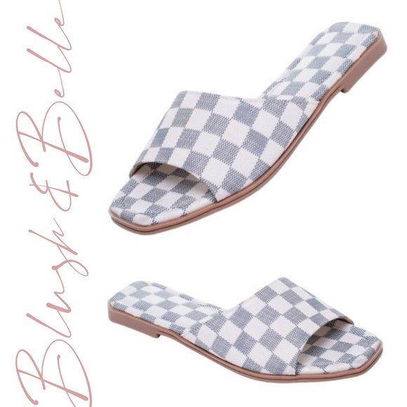 𝔹𝕆𝔾𝕆  Grey Checker Vegan Leather Slide Sandals - Picture 2 of 7